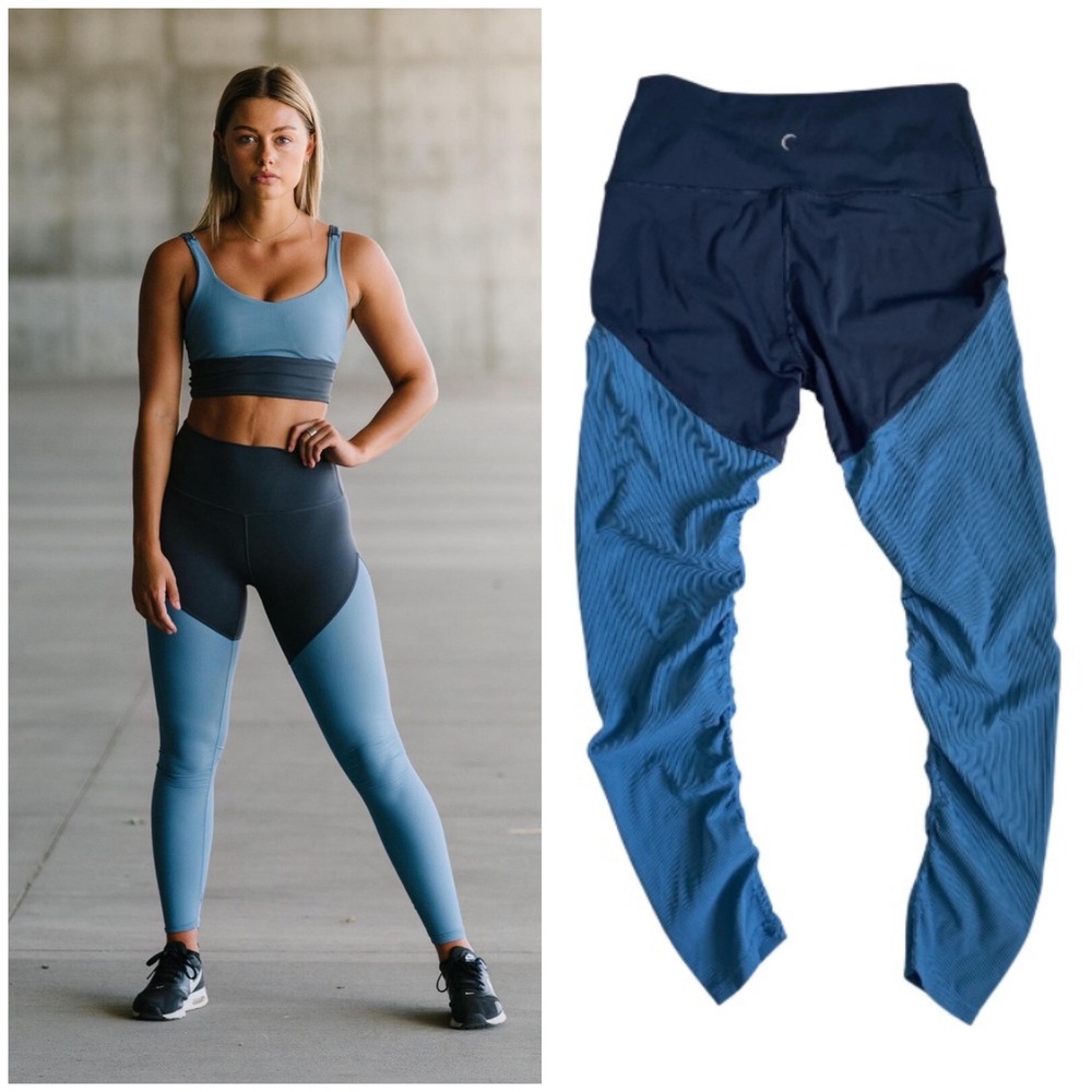 Zyia Active Blue Colorblock Ruched Ribbed High Rise Leggings Womens 8-10